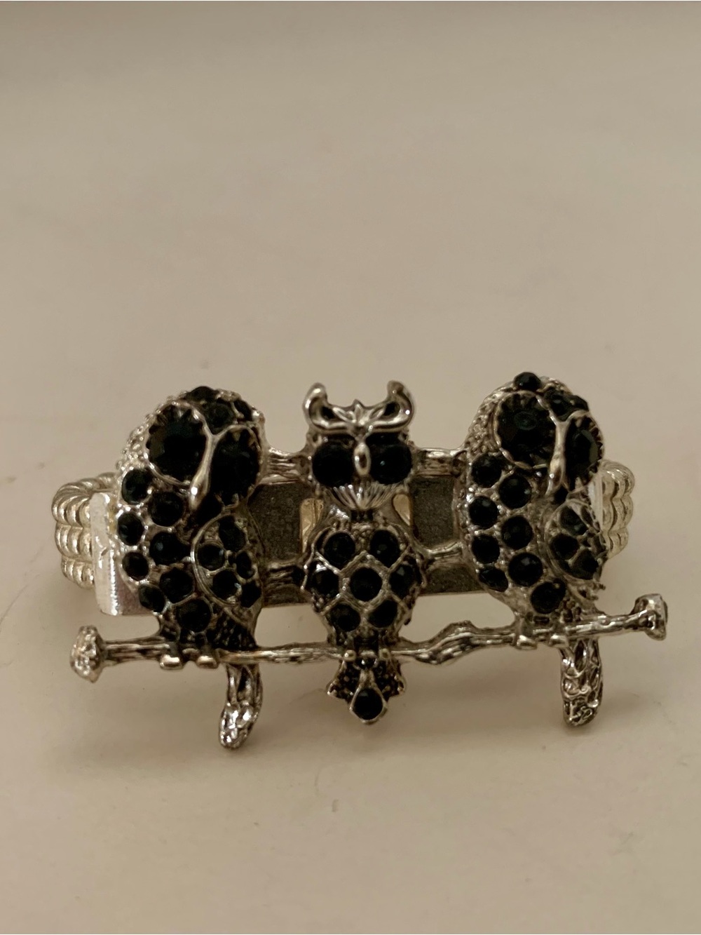Silver-Tone Black Crystal Owl Trio Ring